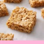 Pinterest graphic of cut flapjacks on a marble surface.
