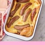 Pinterest graphic of a baking dish with toad in the hole.