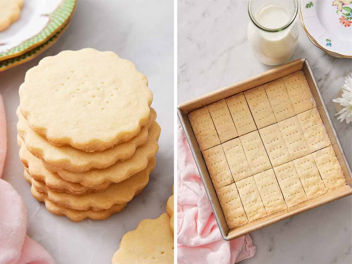 Two photos showing a stack of round shortbread biscuits and rectangular shortbread biscuits in a baking dish.