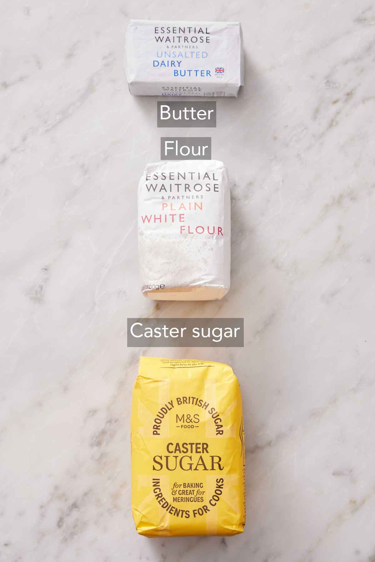 Ingredients needed to make shortbread biscuits.