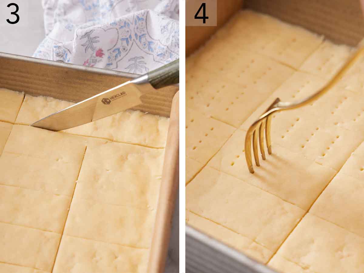 Set of two photos showing dough cut inside of a baking dish and a fork poking holes into the dough.