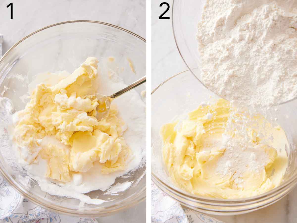 Set of two photos showing sugar mixed with butter then flour added.